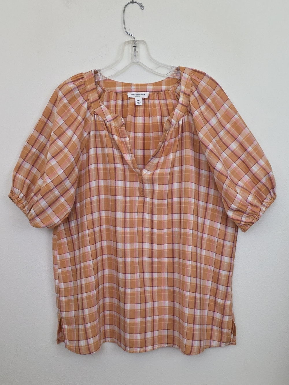 Beach Lunch Lounge Collection  Orange Plaid Puff Short Sleeve Peasant Top L